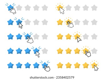 Star rating with different click cursor for customer satisfaction. Feedback service with star rating. Quality rank and best choice icons