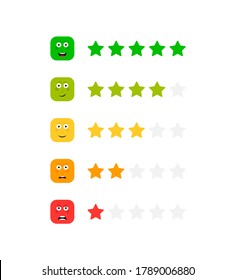 Star rating with different face emotion. Feedback scale. Angry, sad, neutral, satisfied and happy emoticon set. Funny cartoon hero emotion rating. Vector illustration.