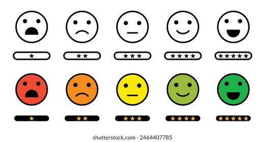 Star rating emoji icon set. very bad, bad, medium, good, very good and face expression. star feedback emoji icon set with different color. vector design.