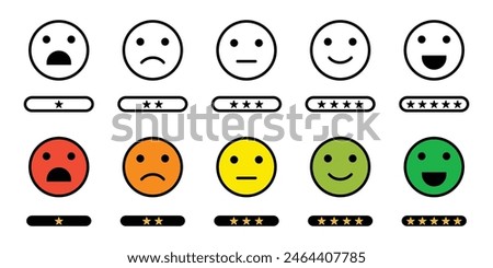 Star rating emoji icon set. very bad, bad, medium, good, very good and face expression. star feedback emoji icon set with different color. vector design.