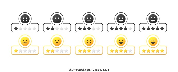 Iconos de emoticonos de clasificación por estrellas. Distintos estilos, 1, 2, 3, 4, 5 estrellas con emoticonos. Iconos del vector