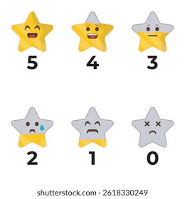 Star rating emoticons from 0 to 5 stars. Each star has a different expression. Perfect for feedback forms, surveys, reviews, and customer satisfaction evaluations.
