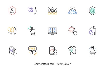 Star rating, Fake information and Security line icons for website, printing. Collection of Financial app, Brand ambassador, Pay icons. Smile, Fingerprint, Mindfulness stress web elements. Vector