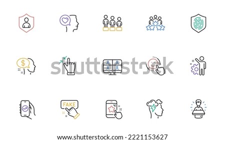 Star rating, Fake information and Security line icons for website, printing. Collection of Financial app, Brand ambassador, Pay icons. Smile, Fingerprint, Mindfulness stress web elements. Vector