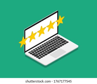Star rating. Feedback. Customer review on laptop. Vector isometric style.