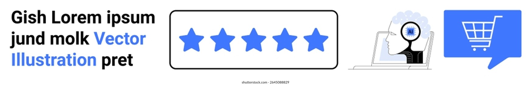 Classificação de estrelas com cinco estrelas azuis, pessoa usando um computador com lupa, carrinho de compras na bolha de fala azul. Ideal para e-commerce, revisões on-line, feedback de clientes, experiência de compra
