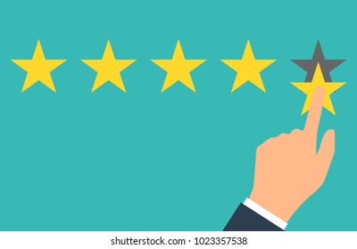 Star rating. Five flat yellow web button stars ratings. Evaluation system. Positive review. Vector illustration flat design. Isolated on white background. Quality work.