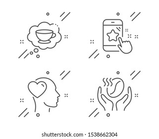 Star rating, Friend and Coffee cup line icons set. Coffee sign. Phone feedback, Love, Think bubble. Roasted bean. Line star rating outline icon. Vector