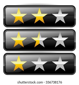 Star rating graphics with 3 stars for review, rating, ranking concepts.