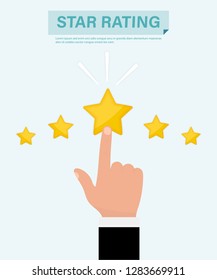 Star Rating. Hand pointing at one of five stars. Website rating feedback and review concept. Businessman hand giving five star rating