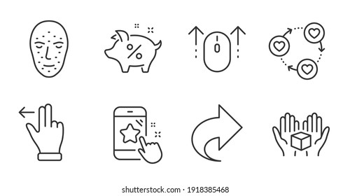 Star rating, Hold box and Share line icons set. Touchscreen gesture, Loan percent and Face biometrics signs. Friends community, Swipe up symbols. Phone feedback, Delivery parcel, Link. Vector