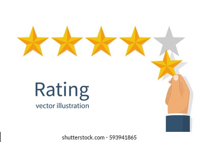 Star rating. Holding a gold star, to give five. Feedback concept. Evaluation system. Positive review. Vector illustration flat design. Isolated on white background. Quality work.