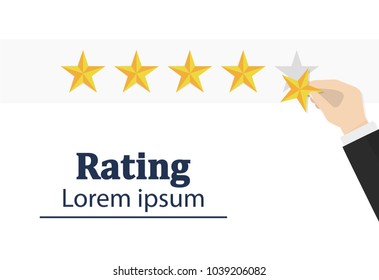 Star rating. Human hand. Businessman holding a gold star in hand, to give five. Feedback concept. Evaluation system. Positive review. Vector illustration flat design. Isolated on white background