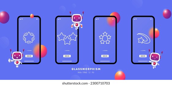 Juego de iconos de clasificación de estrellas. Representación visual de un sistema de clasificación que utiliza estrellas para indicar la calidad. Concepto de clasificación. Glasmorfismo. pantalla de aplicación de teléfono de interfaz de usuario. Icono de línea de vector para empresas
