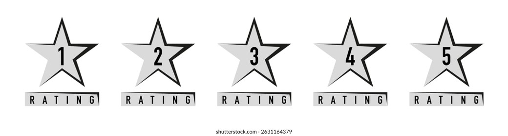 Ícones de classificação de estrelas de 1 a 5 com números em negrito e rótulos de "classificação" abaixo de cada estrela em um fundo branco. Ideal para análises e visuais de feedback.