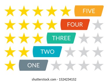 Star rating icons. 5 stars in the row for review, classification, feedback, service quality. Infographic concept with five levels or steps. Vector illustration.