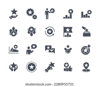 Star rating icons black set. Marketing and promotion on Internet and social networks. Opinion, review and reaction of customers. Cartoon flat vector illustrations isolated on white background