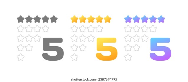 Iconos de clasificación de estrellas. Distintos estilos, color, clasificación de 5 estrellas. Iconos del vector