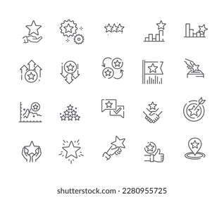 Star rating icons outline set. Collection of graphic elements for website. User opinion and feedback. Advertising and marketing. Cartoon flat vector illustrations isolated on white background