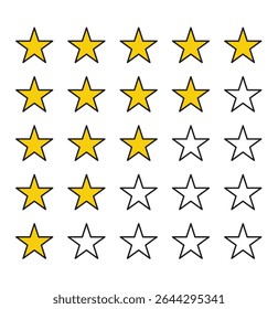 Star rating icons set. Flat and realistic style. Rating Review icon. five stars rating button. stars rating icon vector. Vector illustration. 