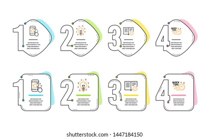 Star rating, Idea and Technical info icons simple set. Quick tips sign. Phone feedback, Creativity, Documentation. Helpful tricks. Technology set. Infographic timeline. Line star rating icon. Vector