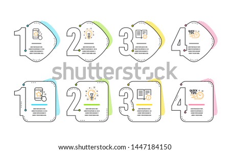 Star rating, Idea and Technical info icons simple set. Quick tips sign. Phone feedback, Creativity, Documentation. Helpful tricks. Technology set. Infographic timeline. Line star rating icon. Vector