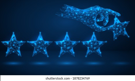 Star rating. Improving the company's rating, evaluating the quality of services provided. The hand places the fifth star. Polygonal construction of concatenated lines and points. Blue background.