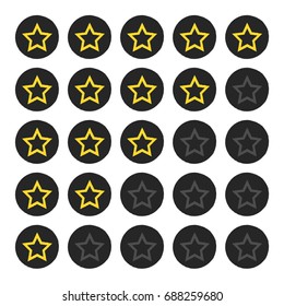 Star rating. Isolated round rough icons. Drawn by hand. Grunge, flat, brush. Vector illustration. Gold, black, gray, yellow, white color.