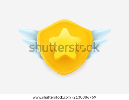 Star rating label with a shield with wings isolated on white background. 3d vector icon 