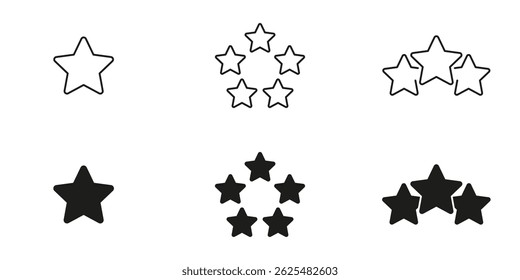 Star Rating Line And Solid Icon Set. Quality Evaluation, Feedback, And Review Outline And Silhouette Symbol Collection. Customer Satisfaction And Rating System. Isolated Vector Illustration.