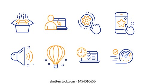 Ajuste de la clasificación de estrellas, ajuste de sonido en voz alta y iconos de línea de configuración de CogWheel. Educación en línea, Embalajes y carteles de globos aerostáticos. Prueba en línea, símbolos del velocímetro. Comentarios telefónicos, Música. Conjunto tecnológico. Vector