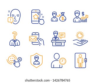 Star rating, Messenger mail and Face attention icons simple set. Hiring employees, Customer satisfaction and Security agency signs. Time management, Exhibitors and Business growth symbols. Vector