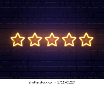 Star rating neon banner. Golden five stars on brick wall. Night bright advertising. Shining signboard. Vector illustration.