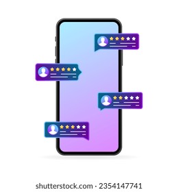 Star rating on the phone. Flat, purple, phone screen, app star rating. Vector illustration