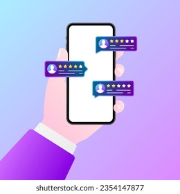 Star rating on your phone. Flat, purple, phone in hand, star rating, app rating. Vector illustration