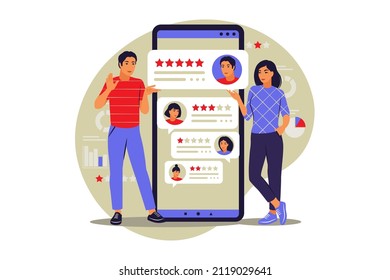 Star rating. Online reviews. Feedback concept. Bubble speeches on mobile phone. Vector illustration. Flat.