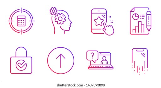 Star rating, Password encryption and Faq line icons set. Swipe up, Thoughts and Calculator target signs. Report document, Smartphone recovery symbols. Phone feedback, Protection locker. Vector