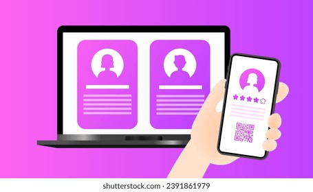 Star rating of a person. Flat, pink, person's resume, place for photo mockup, qr-code on phone screen, laptop screen. Vector illustration