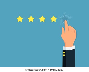Star rating. Person's hand give a five star. Positive review. Concept feedback and evaluation system. Vector illustration in flat style.