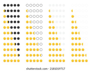 Revisión de la clasificación de estrellas de cero a cinco con estrellas de oro. Ilustración vectorial del conjunto de comentarios y revisión del cliente