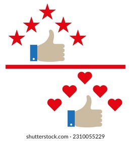 Star rating, reviews, thumbs up, likes. Social media approval. Vector illustration.