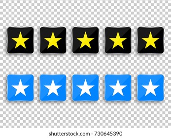 Star rating. Scale rating on black and blue buttons with stars. Vector illustration.