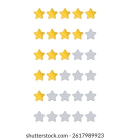 Star rating set from 0 to 5 stars. Gold and silver tones, ready for feedback forms, review sites, dashboards, and UI UX projects.
