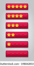 star rating set. Customer feedback sytem. realistic shiny gold stars in front of red rectangle modern vector illustration