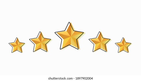 Star rating. Set of gold five stars isolated on a light background. Feedback concept. Evaluation system. Vector illustration