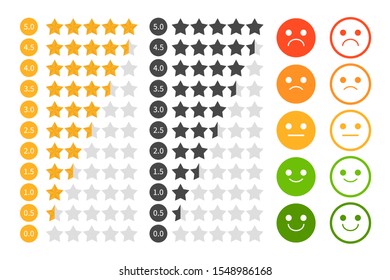 Star rating set vector isolated. Golden and black star shape. Quality of service measurement. Ranking system, review symbol. Classification and statistics. Rate button symbol. Evaluation using emoji.