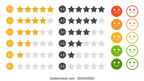 Star rating set vector isolated. Golden and black star shape. Quality of service measurement. Ranking system, review symbol. Classification and statistics. Rate button symbol. Evaluation using emoji.