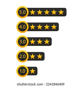 Star rating signs in flat style with numbers. Reviews in stars and numbers, rating buttons on white isolated background. Vector illustration
