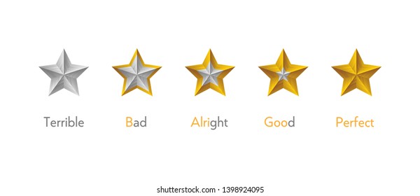 Star rating symbols with 5 star. Terrible, bad, alright, good, perfect rank set. Quality feedback experience level concept. Isolated vector badge for website, app or games. EPS10