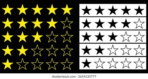 Symbol-Set für das System mit Sternbewertung, Symbole für fünf Sterne für Feedback, Qualitätsbewertungssymbole für die UI-UX-Web-App und Druckdesign
